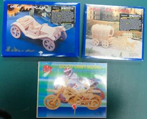 NEW set 3 Wood Craft balsa wooden model puzzles CLASSIC CAR MOTORCYCLE CARRIAGE - Picture 1 of 4