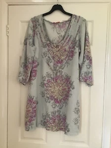 White Stuff long tunic top 100% linen grey, pink & yellow size 12 - Picture 1 of 5