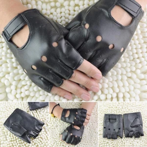 1 Paar Herren Outdoor schwarz weiches Leder Fahren Motorrad Biker fingerlose Handschuhe - Bild 1 von 12