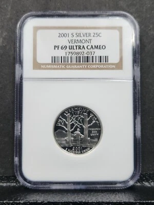 2001-S Silver Vermont Proof 25c Quarter PF 69 Ultra Cameo NGC #1068 - Image 1 of 2