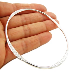 925 Sterling Silver Oval Bangle Solid Ladies Hammered Large Flared Edge Bracelet - Picture 1 of 5