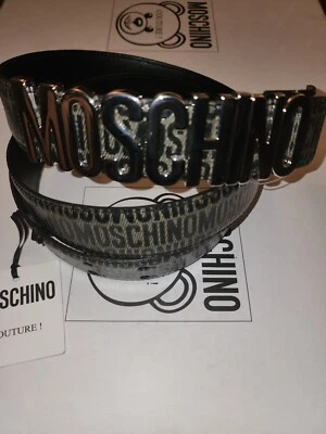 MOSCHINO EU 54 US 38 40 Negro Verde Ejército Milán Plata Logo Cuero Hebilla de Cinturón Foto 1 de 4