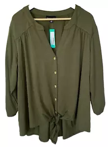 Fortune Ivy Button Down Top Stitch Fix Olive Green Elaina Tie Front Size 2X New - Picture 1 of 3
