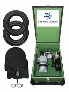 NUEVO Sistema de Aireador de Estanque 1/4 HP Bomba con Gabinete de Bloqueo 200 TUBO DE SUMIDERO 2 Difusores - Imagen 1 de 1