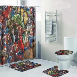 Marvel Comic Superheroes Print Shower Curtain Bath Mat Toilet Lid Cover Mat - Picture 1 of 9
