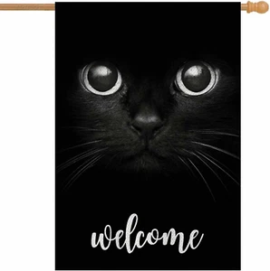 Cat Welcome House Flag 28 X 40 Inch Large Vertical Double Sided Black Cat Show T - Picture 1 of 12