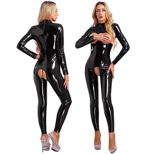 Damen Catsuit Wetlook Offenem Brust Schritt Overalls mit Reißverschluss Clubwear - Bild 1 von 39