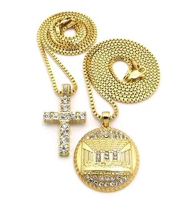 MEN ICED CZ CROSS & LAST SUPPER RELIGIOUS PENDANT 20" & 24" BOX CHAIN NECKLACE - Picture 1 of 3