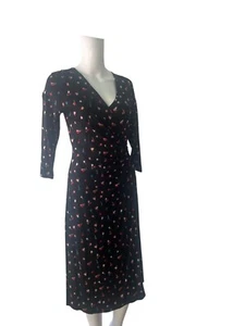 M&S Floral Wrap Dress Size 8 Womens EU36 Black Stretch V-Neck Midi 3/4 Sleeve - Picture 1 of 12