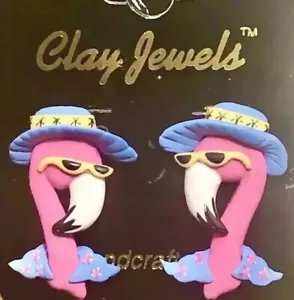 Flamingo Earrings Handmade Vintage Florida Beach Pink Polymer Clay - Picture 1 of 3