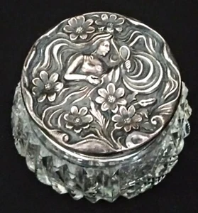 Antik Jugendstil DAME KRISTALL STERLINGSILBER PULVERDOSE REPOUSSE Waschtisch - Bild 1 von 10