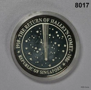 SINGAPORE 1986 OUNCE .999 SILVER HALLEY'S COMET LION PALM TREE IN CAPSULE! #8017 - Picture 1 of 2