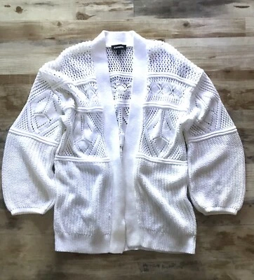 Cárdigan de punto abierto blanco de gran tamaño suéter algodón manga globo boho texturizado M Foto 1 de 4