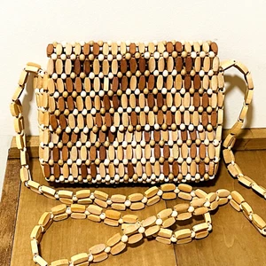 Beaded Bag Crossbody Purse Retro Mod GoGo Vtg 7" x 6" Wooden Japan MCM - Picture 1 of 9