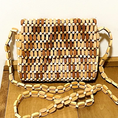Beaded Bag Crossbody Purse Retro Mod GoGo Vtg 7" x 6" Wooden Japan MCM - Image 1 of 4
