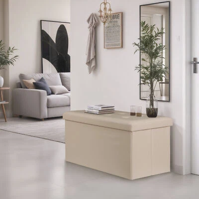 Banco de Pie de Almacenamiento Versátil 30" Plegable Otomanos Reposapiés Beige Cubierta MDF Foto 1 de 4