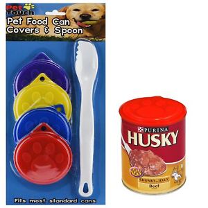 4x Standard Tin Can Covers Dog Cat Pet Food Can Lid Plastic Spoon Set