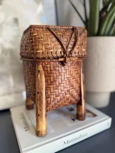 Vtg Chinese Bamboo Woven Footed Lidded Basket 7 3/4" W x 9 1/2" H Home Decor - Picture 1 of 5