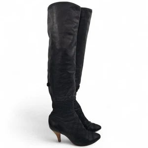 Chanel Botas Mujer Talla 38.5/8 Cuero Negro Sobre la Rodilla Muslo Tacones Altos CC - Imagen 1 de 24