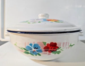 Casseruola e coperchio vintage raccolta paraurti smalto bianco colorato bordo fiori - Foto 1 di 8