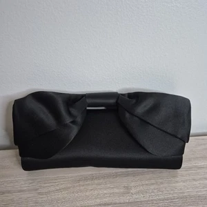 Nina Black Satin Fold Over Clutch Bow Purse Hot Pink Formal Wedding Elegant Snap - Picture 1 of 8