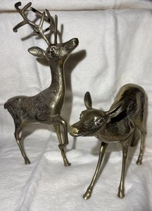 Vintage Pair Of Large Brass Deer Figurine Statues Buck 15” Doe 8.5” - Picture 1 of 11