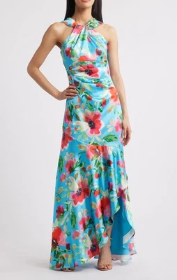Eliza J EJ5M4484 Floral Print Twist Neck Gown SZ 6 ($198) Multi - Image 1 of 2