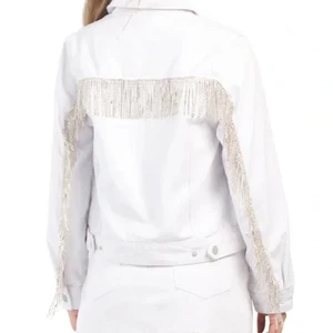 Giacca da motociclista in denim argento con frange Bling nuova con etichette $188 taglia S bianca NYC - Foto 1 di 7