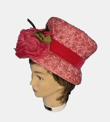 Sombrero cubo tejido rojo rosa con lazo de flores 21" vintage años 60 LaRose para mujer Foto 1 de 4