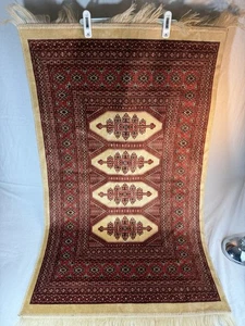 VINTAGE HANDGEWEBTER TÜRKISCHER STIL WOLLTEPPICH TRIBAL GEO MUSTER ROT CREME 45"X26" - Bild 1 von 16