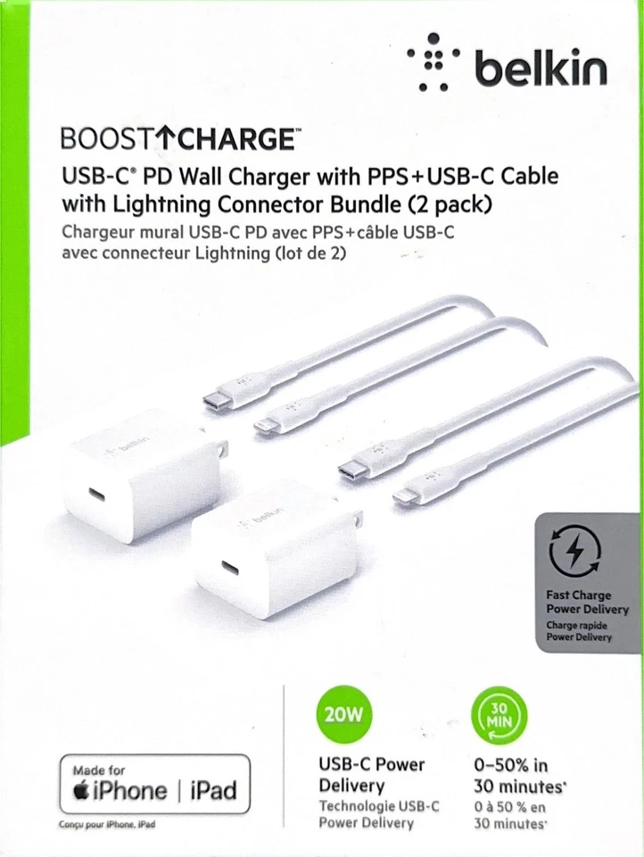 Cargador de pared rápido Belkin MFi-Certified 20W + cable Lightnin USB-C (2pk) Foto 1 de 3