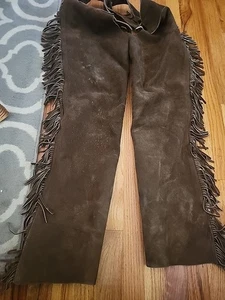 Barnstable Riding Chaps Brown Suede Leather Fringe Adult S Upper Thigh 21" R606 - Picture 1 of 10