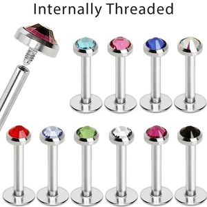 316L Internally Threaded Flat Cubic Zirconia Top Lip Labret Monroe * - Picture 1 of 1