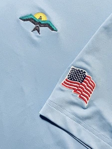 Peter Millar Summer Comfort Golf Perform Polo Shirt Men L Blue USA Flag Eagle - Picture 1 of 8