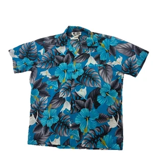 Camisa Hilo Hattie De Colección Para Hombres L Azul Floral Hawaiana Manga Corta Aloha - Imagen 1 de 6