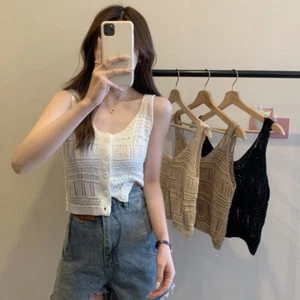 Top de mujer de verano tejido hueco sin mangas halter chaleco con cárdigan top - Imagen 1 de 16