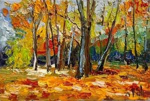 Golden AUTUMN LANDSCAPE FRAMED ORIGINAL Impressionism Modern Art Oil painting - Picture 1 of 9