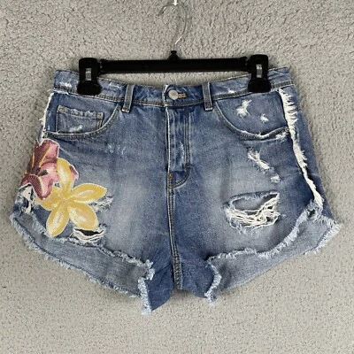 Zara Jean Shorts Women Size 2 Cut Off Distressed Denim Sequin Flowers Button Fly - Image 1 of 4