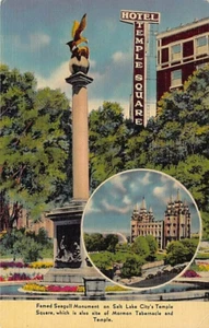 Postal UT: Monumento a la Gaviota, Hotel Temple Square, Salt Lake City, Utah, lino - Imagen 1 de 2