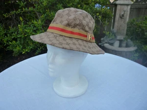 Authentic Gucci Beige Bucket Hat GG Red/Gold Web Poly/Spandex Canvas Rare HTF - Picture 1 of 12