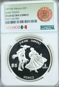 1997 MEXICO SILVER 5 PESOS S5P JARABE TAPATIO NGC PF 69 ULTRA CAMEO SCARCE COIN - Picture 1 of 3