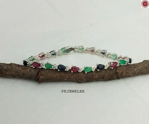 Pulsera de plata de ley 925 rubí natural, esmeralda, piedras preciosas de zafiro BR-48 - Imagen 1 de 10