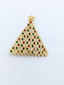 SWAROVSKI RED/GREEN Signed Swan LogoCrystal Christmas Tree Brooch Gold Tone U171 - Picture 1 of 12