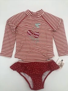 Jessica Simpson Swimsuit Toddler Girl Striped Cherry Red Rash Guard 2-Pc 3T AB5 - Picture 1 of 6