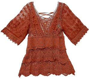 Pretty Angel Blouse Womens Small Rust 3/4 Sleeve Crochet Open Weave Lace New - Picture 1 of 15