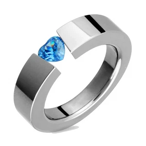 Titanium Ring Heart Shaped N Blue Topaz Tension Set Polished Engagement Band - Picture 1 of 1