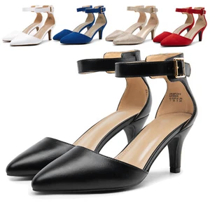 Women Low Heel Closed Pointed Toe Pumps Buckle Wedding Party Sexy Dress Shoes - Picture 1 of 47