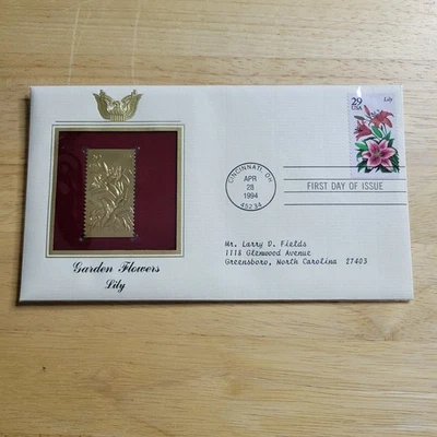 Garden Flowers Lily 22kt Gold Replica Stamp 1st Day Issue w/card - Image 1 of 4