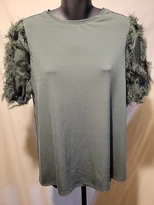 Cato Women’s Green Blouse Top Fringed String Short Sleeves Small - Picture 1 of 11