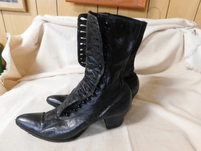 Vintage Black Leather Boots Button Size 9 1910's - Image 1 of 4